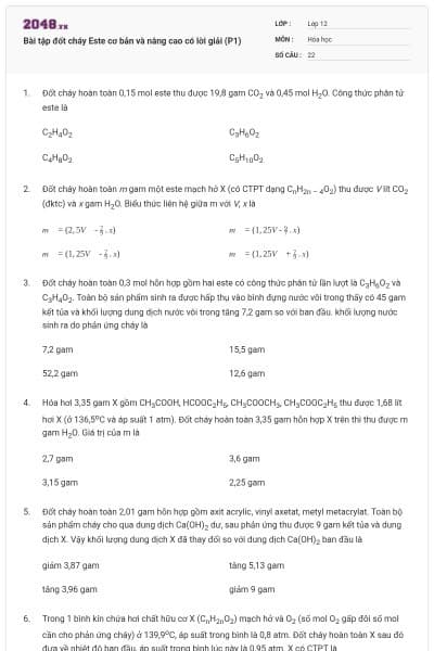 Bài tập đốt cháy Este cơ bản và nâng cao có lời giải (P1)