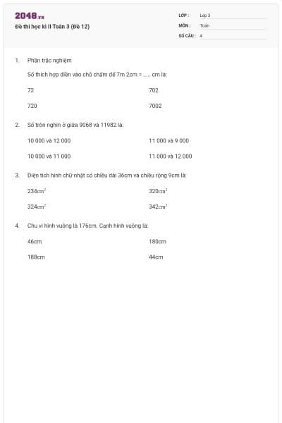 Đề thi học kì II Toán 3 (Đề 12)