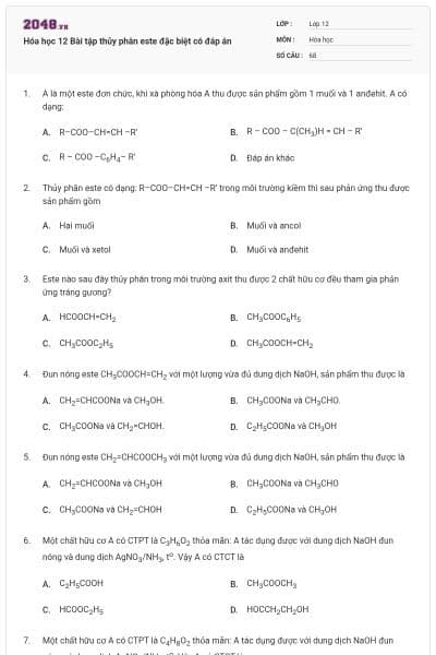 Hóa học 12 Bài tập thủy phân este đặc biệt có đáp án