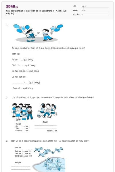 Giải bài tập toán 1: Giải toán có lời văn (trang 117,118) (Có đáp án)