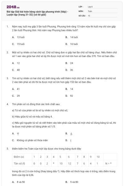 Bài tập Giải bài toán bằng cách lập phương trình (tiếp) - Luyện tập (trang 31-32) (có lời giải)