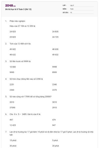 Đề thi học kì II Toán 3 (Đề 13)