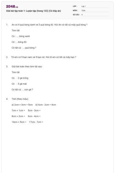 Giải bài tập toán 1: Luyện tập (trang 122) (Có đáp án)