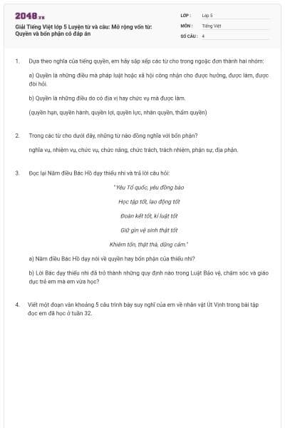Giải Tiếng Việt lớp 5 Luyện từ và câu: Mở rộng vốn từ: Quyền và bổn phận có đáp án