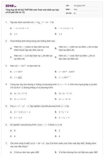 Tổng hợp đề thi thử THPTQG môn Toán mới nhất cực hay có lời giải (Đề số 12)