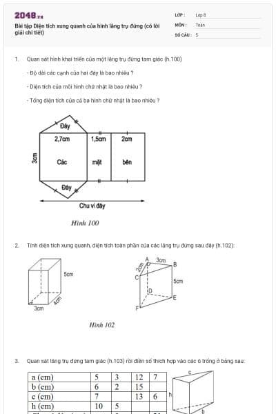 Bài tập Diện tích xung quanh của hình lăng trụ đứng (có lời giải chi tiết)