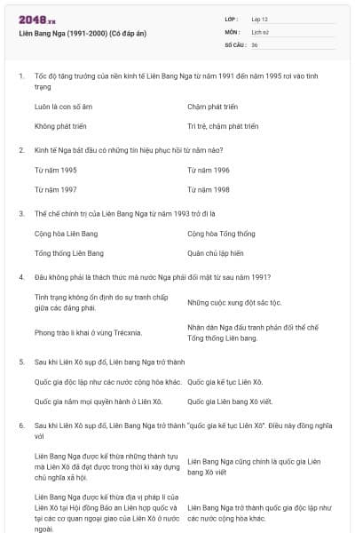 Liên Bang Nga (1991-2000) (Có đáp án)