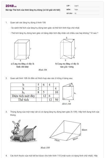 Bài tập Thể tích của hình lăng trụ đứng (có lời giải chi tiết)