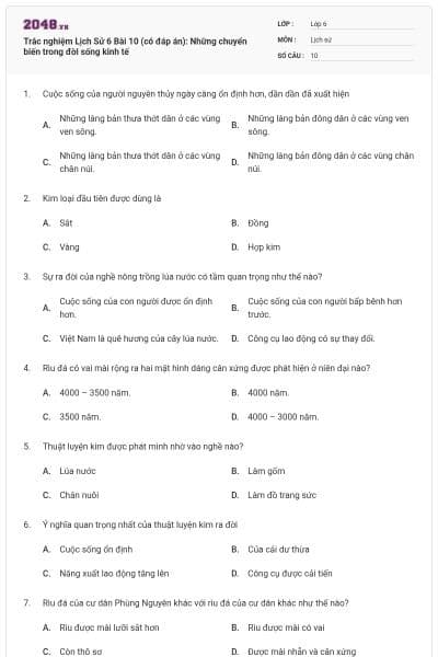 Trắc nghiệm Lịch Sử 6 Bài 10 (có đáp án): Những chuyển biến trong đời sống kinh tế