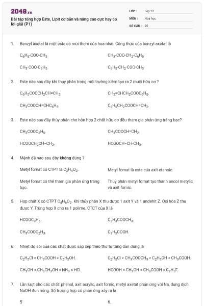 Bài tập tổng hợp Este, Lipit cơ bản và nâng cao cực hay có lời giải (P1)