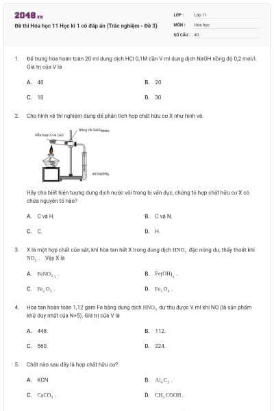 Đề thi Hóa học 11 Học kì 1 có đáp án (Trắc nghiệm - Đề 3)