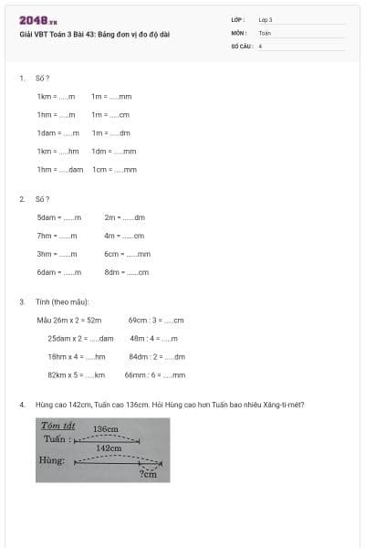 Giải VBT Toán 3 Bài 43: Bảng đơn vị đo độ dài