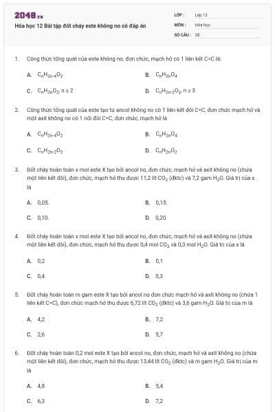 Hóa học 12 Bài tập đốt cháy este không no có đáp án
