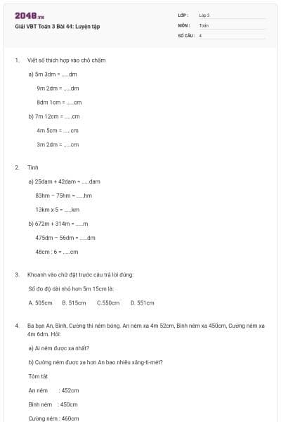 Giải VBT Toán 3 Bài 44: Luyện tập