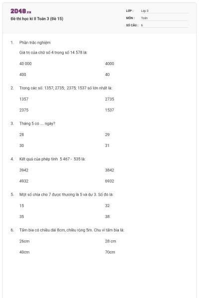 Đề thi học kì II Toán 3 (Đề 15)