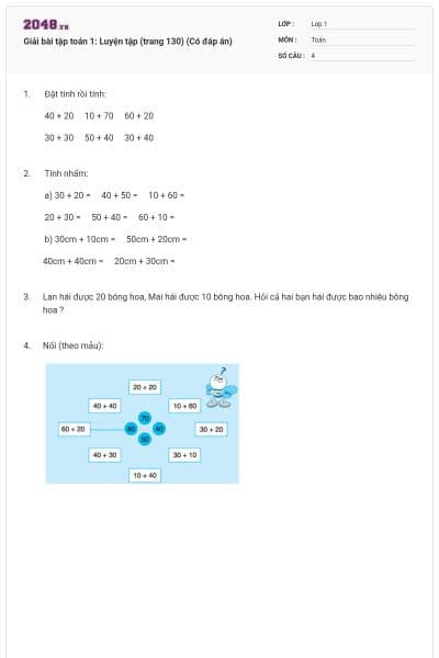 Giải bài tập toán 1: Luyện tập (trang 130) (Có đáp án)