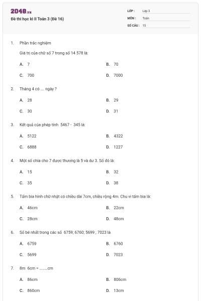 Đề thi học kì II Toán 3 (Đề 16)