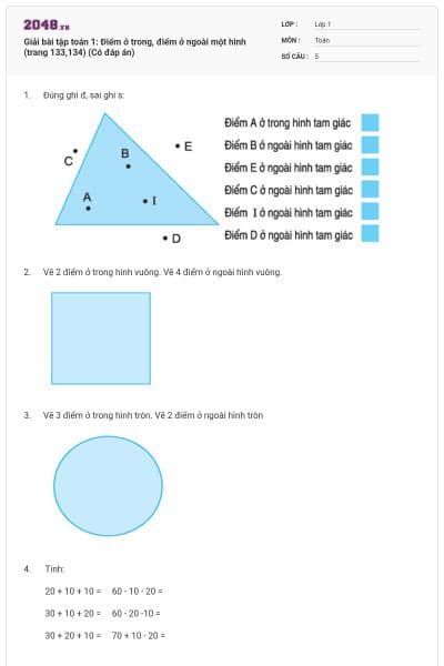 Giải bài tập toán 1: Điểm ở trong, điểm ở ngoài một hình (trang 133,134) (Có đáp án)