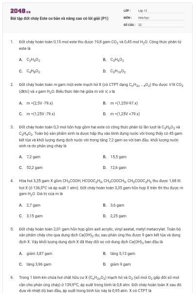 Bài tập đốt cháy Este cơ bản và nâng cao có lời giải (P1)