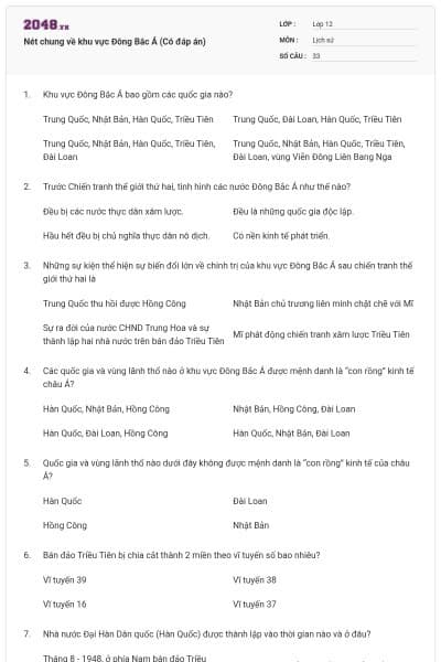 Nét chung về khu vực Đông Bắc Á (Có đáp án)