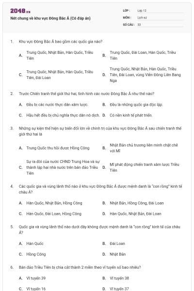 Nét chung về khu vực Đông Bắc Á (Có đáp án)