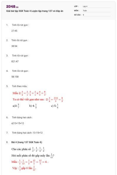 Giải bài tập SGK Toán 4 Luyện tập trang 137 có đáp án