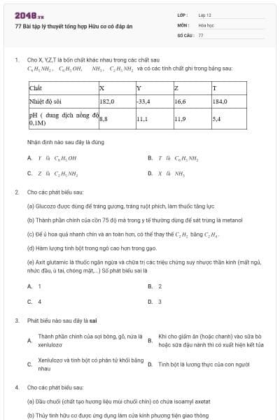 77 Bài tập lý thuyết tổng hợp Hữu cơ có đáp án