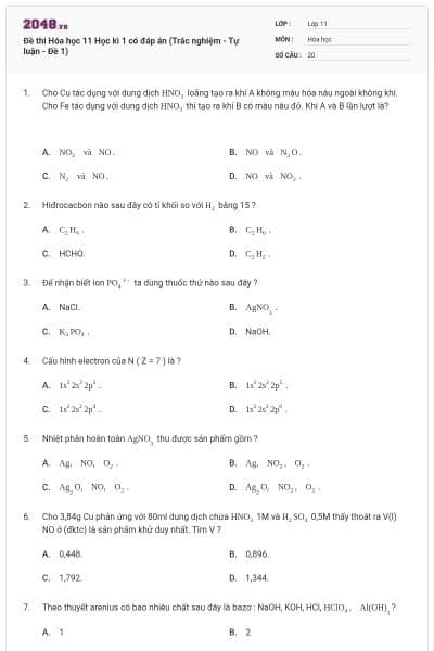 Đề thi Hóa học 11 Học kì 1 có đáp án (Trắc nghiệm - Tự luận - Đề 1)