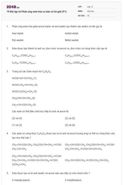 79 Bài tập về Phản ứng este hóa cơ bản có lời giải (P1)