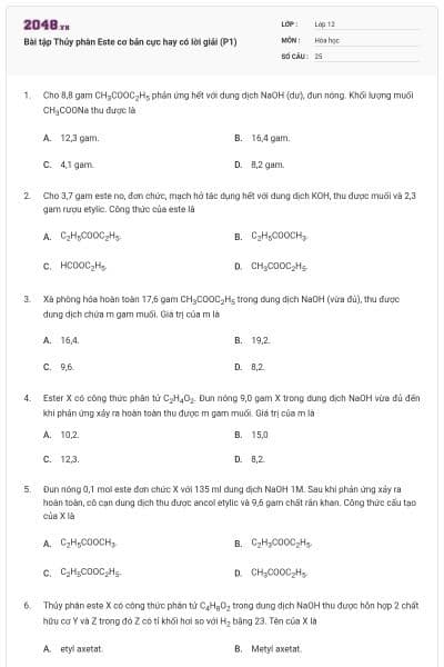 Bài tập Thủy phân Este cơ bản cực hay có lời giải (P1)
