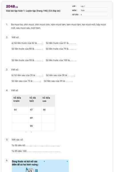 Giải bài tập toán 1: Luyện tập (trang 146) (Có đáp án)