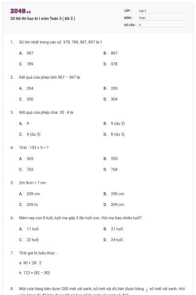 20 Đề thi học kì I môn Toán 3 ( Đề 3 )