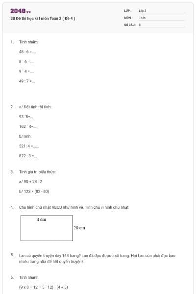 20 Đề thi học kì I môn Toán 3 ( Đề 4 )
