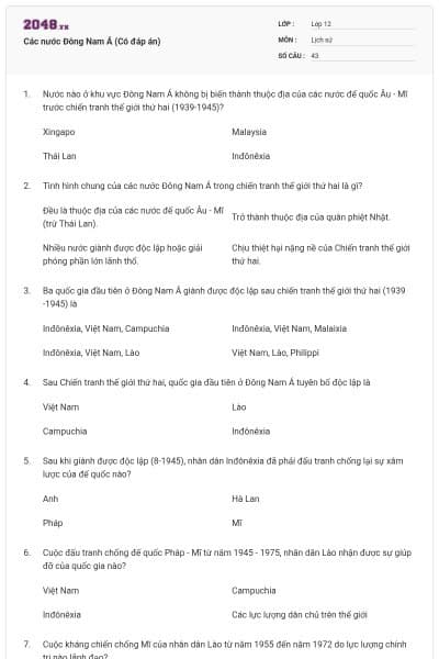 Các nước Đông Nam Á (Có đáp án)