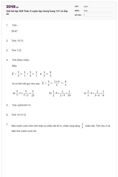 Giải bài tập SGK Toán 4 Luyện tập chung trang 137 có đáp án