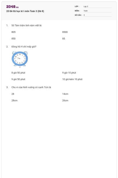 20 Đề thi học kì I môn Toán 3 (Đề 8)