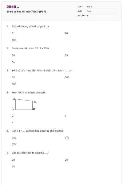 20 Đề thi học kì I môn Toán 3 (Đề 9)