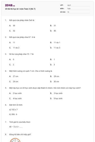 20 Đề thi học kì I môn Toán 3 (Đề 7)