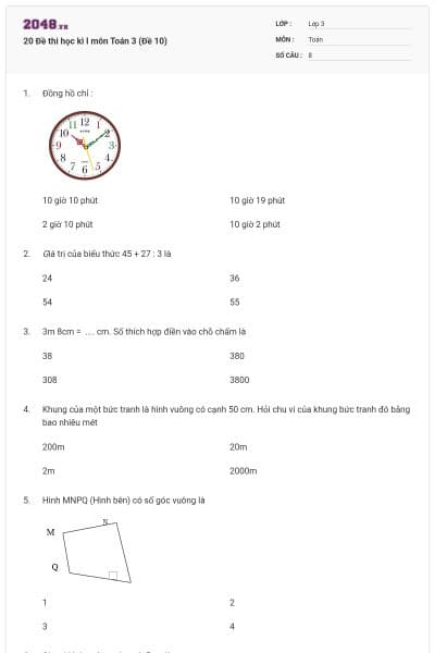 20 Đề thi học kì I môn Toán 3 (Đề 10)