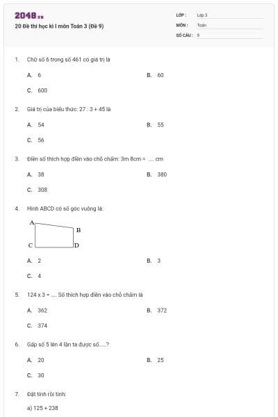 20 Đề thi học kì I môn Toán 3 (Đề 9)