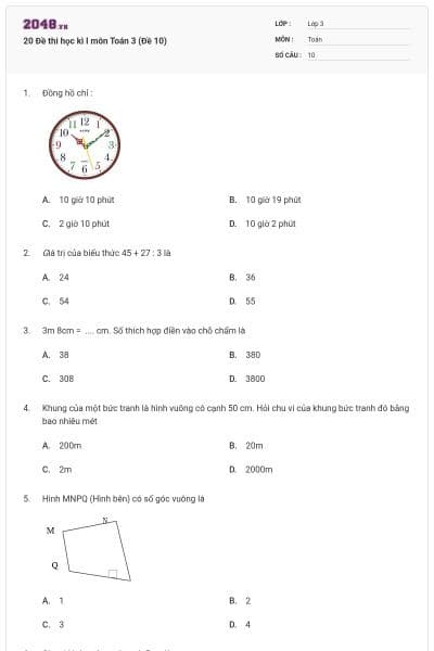 20 Đề thi học kì I môn Toán 3 (Đề 10)