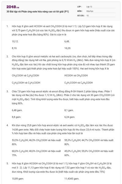 30 Bài tập về Phản ứng este hóa nâng cao có lời giải (P1)
