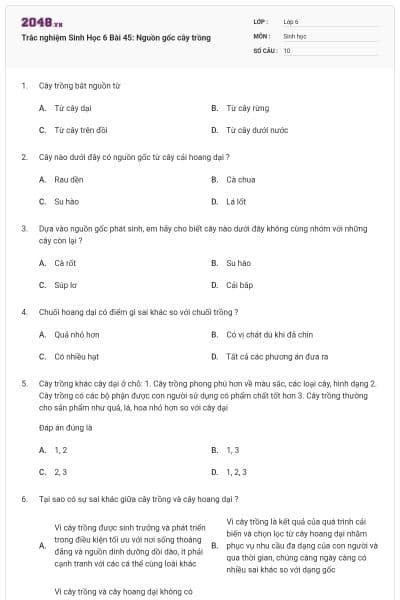 Trắc nghiệm Sinh Học 6 Bài 45: Nguồn gốc cây trồng