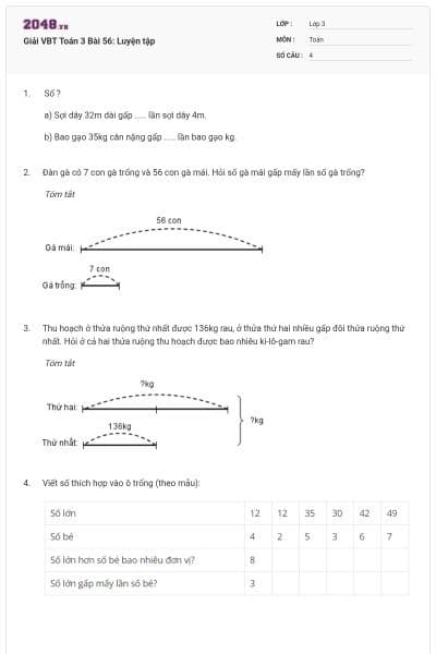 Giải VBT Toán 3 Bài 56: Luyện tập