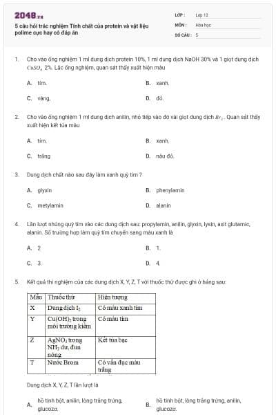 5 câu hỏi trắc nghiệm Tính chất của protein và vật liệu polime cực hay có đáp án