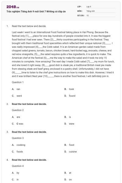 Trắc nghiệm Tiếng Anh 9 mới Unit 7 Writing có đáp án