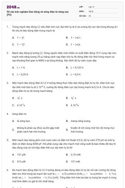 50 câu trắc nghiệm Dao động và sóng điện từ nâng cao (P2)