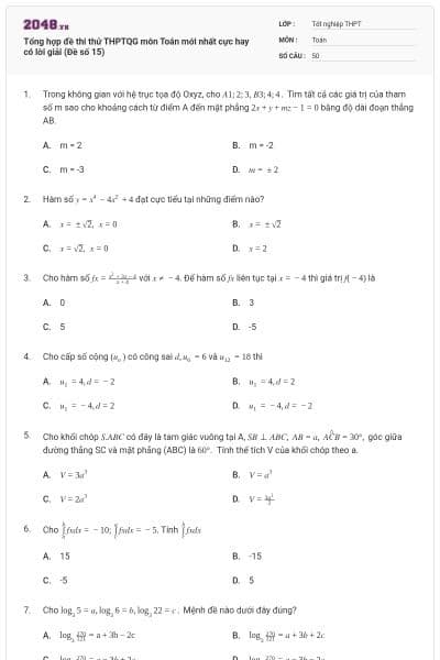 Tổng hợp đề thi thử THPTQG môn Toán mới nhất cực hay có lời giải (Đề số 15)