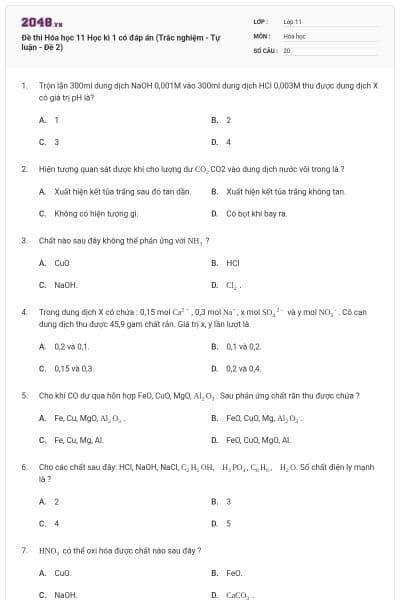 Đề thi Hóa học 11 Học kì 1 có đáp án (Trắc nghiệm - Tự luận - Đề 2)