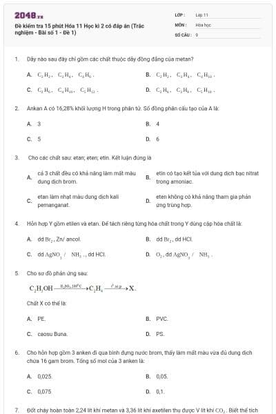 Đề kiểm tra 15 phút Hóa 11 Học kì 2 có đáp án (Trắc nghiệm - Bài số 1 - Đề 1)